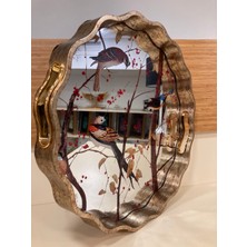 Plus Home Tepsi Ahşap ve Ayna Kuş Desenli Volanlı Model Ortaboy Renk Antik Eskitme Çapı 35 cm