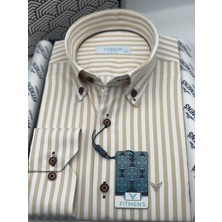 Fitmens Slim Fit Uzun Kol Likralı Çizgili Yaka Düğmeli Hediye Kutulu Erkek Gömlek FS-003669 - Bej