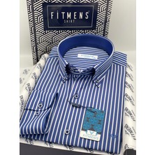 Fitmens Slim Fit Uzun Kol Premium Kalın Çizgili Yaka Düğmeli Hediye Kutulu Kolay Ütülenebilir Erkek Gömlek FS-001375 - Saks Mavi