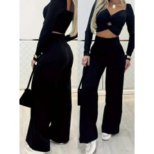 Giyimodam Kadın Uzun Kollu Göğüs Dekolteli Ithal Krep Bluz ve Pantolon Ikili Takım