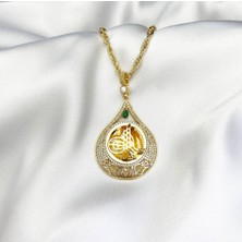 Yeşil Taşlı Gold Damla Tuğra Kolye