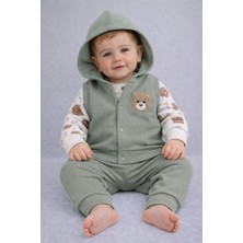 Dinamik çocuk Erkek Bebek Mevsimlik Yeni Doğan Fitilli Yelekli Ayıcık Nakışlı 3 Parça Şık Bebek Takımı 3-6-9-12 Ay