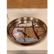 Plus Home Tepsi Ahşap Ayna Detaylı Kuşlu Desen Yuvarlak Düz Tepsi Model Renk Antik Eskitme Ortaboy Çap 35 cm