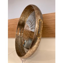Plus Home Tepsi Ahşap ve Ayna Desenli Detay Yuvarlak Düz Model Renk Antik Eskitme Büyükboy Çapı 40 cm