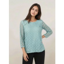 Mamayaga Kadın Bisiklet Yaka Truvakar Kol Çiçek Güpürlü Büyük Beden Curve Bluz