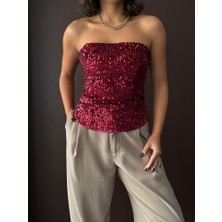 H1Style Payetli Straplez Bluz Yılbaşı