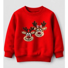 Efendioğlu Design Sweatshirt 2 Geyik Nakış Görüntü Baskılı Yılbaşı Yeni Yıl Pamuklu 3 Iplik Şardonsuz Çocuk Sweat