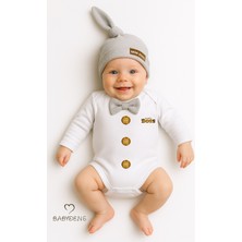 Babyden's Minik Patron Erkek Bebek Uzun Kollu Çıtçıtlı Body ve Bere Seti Düğme Baskılı, Papyonlu %100 Pamuklu