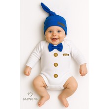 Babyden's Minik Patron Erkek Bebek Uzun Kollu Çıtçıtlı Body ve Bere Seti Düğme Baskılı, Papyonlu %100 Pamuklu