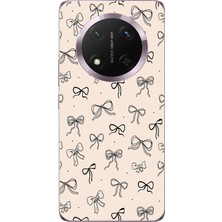 TechTree Honor Magic 7 Lite Uyumlu Siyah Fiyonk Desenli Krem Rengi Baskılı Silikon Kılıf