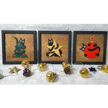 ldwood Yılbaşı Kedi Figürlü 3'lü Ahşap Tablo