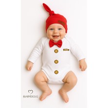 Babyden's Minik Patron Erkek Bebek Uzun Kollu Çıtçıtlı Body ve Bere Seti Düğme Baskılı, Papyonlu %100 Pamuklu