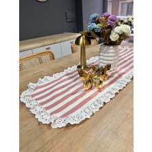 Nurgita Home Vintage Duck Keten Çizgili Pudra Desenli Runner (Pudra)