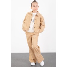 Cansın Mini Bej Kolları Star Taşlı Jean Ceketli Kız Çocuk 3lü Alt Üst Takım 23427