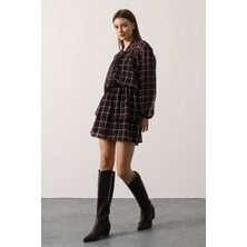 Cemo Kat Kat Ekose Bağcıklı Yaka Şifon Mini Elbise