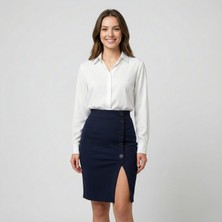 Kadın Yandan Yırtmaçlı Düğme Detaylı Krep Kumaş Likralı Etek