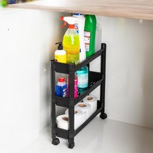 Wishora Store Plastik Çok Amaçlı Siyah 3 Katlı Tekerlekli Dikdörtgen Banyo Raf Ünitesi