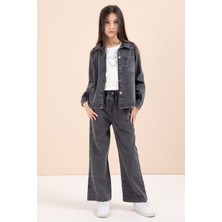Cansın Mini Siyah Taşlı Jean Gömlekli Kız Çocuk Geniş Paça 3lü Jean Takım 23440