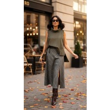 Leilaa Yırtmaçlı Ekose Midi Boy Etek