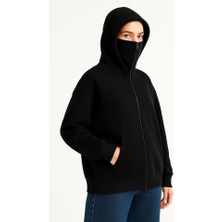 Janes Samuray Ninja Çift Kapşonlu Zıp Fermuarlı Kanguru Çepli Hoodie Maske Detaylı Swetshirt - Siyah