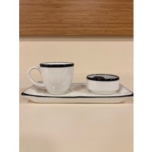 Plus Home Fincan Tek Kişilik Porselen Mini Tepsisi Fincanı Lokumluğu Beyaz Siyah Çizgili