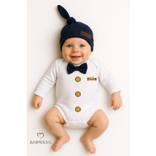 Babyden's Minik Patron Erkek Bebek Uzun Kollu Çıtçıtlı Body ve Bere Seti Düğme Baskılı, Papyonlu %100 Pamuklu