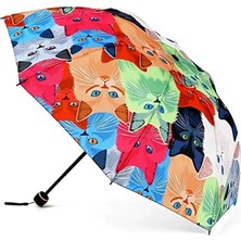 Toz Vintage Kedi Desenli Renkli  8 Telli Yarasa Model Manuel Şemsiye – Eğlenceli Tasarım