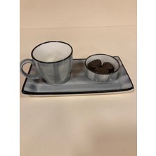 Plus Home Kahve Fincanı Tek Kişilik Porselen Mini Tepsisi Fincanı Lokumluğu Gri Siyah Çizgili