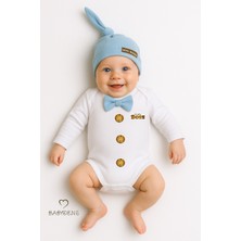 Babyden's Minik Patron Erkek Bebek Uzun Kollu Çıtçıtlı Body ve Bere Seti Düğme Baskılı, Papyonlu %100 Pamuklu