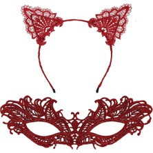 Şık Kırmızı Dantel Maske ve Taç Seti 5 No – Maskeli Balo &amp; Özel Etkinlikler