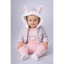 Dinamik çocuk Kız Bebek Tüylü Kapüşonlu Tavşan Kulaklı Çizgili Tavşan Baskılı 3 Parça Zıbınlı Şirin Kız Takımı 0-3-6-9AYLIK