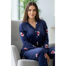 Pijama Evi Lacivert Nordic Desenli Exclusive Önden Düğmeli Kadife Kadın Pijama Takımı