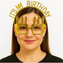 It's My Birthday Yazılı Taç ve Mum Şekilli Gözlük Seti Altın Renk Nessiworld