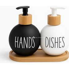 Wishora Store Bulaşık Deterjanlık ve Sabunluk Seti Bambu Tepsili Şık Ikili Set Siyah Beyaz Modern Tasarım Kompozit Malzemeli Mutfak Tezgah Üstü Organizer (Bombeli)