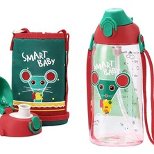 Wishora Store Büyük Boy 700ML Kılıflı Askılı Pipetli/pipetsiz Iki Ayrı Kapaklı Tritan Çocuk Matarası (Smart Baby (Kırmızı-Yeşil))