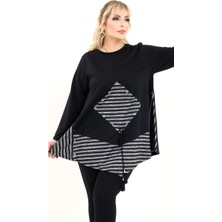 Kheos Sıfır Yaka Kesim Kare Cepli Eteği Asimetrik Cizgi Detaylıuzun Kollu Tasarım Büyük Beden Tunik