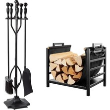 Wishora Store Metal Siyah Topuz Başlıklı Şömine-Soba Maşa ve Odunluk Takımı Aksesuar Seti 5S042