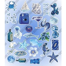 Wishora Store Blue Vintage Summer Mavi Rüya Sticker Seti Etiket Laptop Telefon Tablet