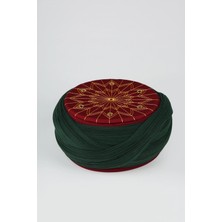 Sarıkhane Çocuk Talebe Sarığı - Yeşil Kumaş - Bordo Takke - Çapraz Sarım - Kuş Gözü - 6 Metre