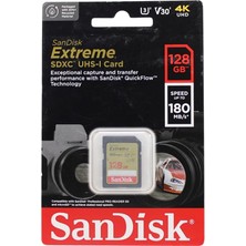 Wishora Store Extreme Sdxc Uhs-I Hafıza Kartı 128 GB (V30, 180 Mb/s Aktarım, U3, 4K UHD Videolar, Sandisk Quickflow Teknolojisi, Su Geçirmez, Darbeye Dayanıklı, Isıya Dayanıklı)