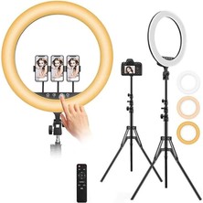 Wishora Store Youtuber Selfie LED Işıklı Hq-18 Halka 18 Inch Selfie/yayıncı/makyaj Işığı 210 cm Tripod 3 Telefon Tutuculu Kumandalı 3 Farklı Ayarlanabilir Işık Çift USB Girişli