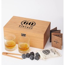 Wishora Store Yaş Tasarımlı Ahşap Kutulu 2'li Glasgow Viski Kadeh Seti + 6 Soğutucu Taş