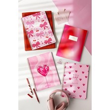 Wishora Store A4 Spiralli Karton Kapak 4’lü Set Çizgili Okul Defteri 80 Yaprak, Ders Programlı Kırmızı Kalp