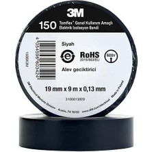 Wishora Store Temflex Elektrik Izolasyon Bandı Siyah (0,13 mm x 19 mm x 9 Metre)