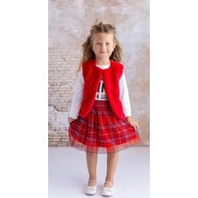 Zeyland Kız Bebek Baskılı T-Shırt Ekose Etek Ikili Takım Kırmızı