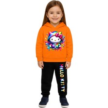 Sedirli Hello Kity Baskılı Çocuk Eşofman Takımı 3 Iplik Şardonlu Pamuklu Kumaş Kapüşonlu