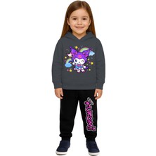 Sedirli Kuromi Baskılı Çocuk Eşofman Takımı 3 Iplik Şardonlu Pamuklu Kumaş Kapüşonlu