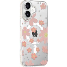 Fuchsia iPhone 16 ile Uyumlu Floral Kablosuz Şarj Özellikli Kapak - Pembe