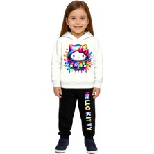 Sedirli Hello Kity Baskılı Çocuk Eşofman Takımı 3 Iplik Şardonlu Pamuklu Kumaş Kapüşonlu