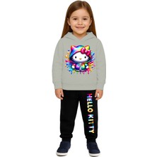 Sedirli Hello Kity Baskılı Çocuk Eşofman Takımı 3 Iplik Şardonlu Pamuklu Kumaş Kapüşonlu